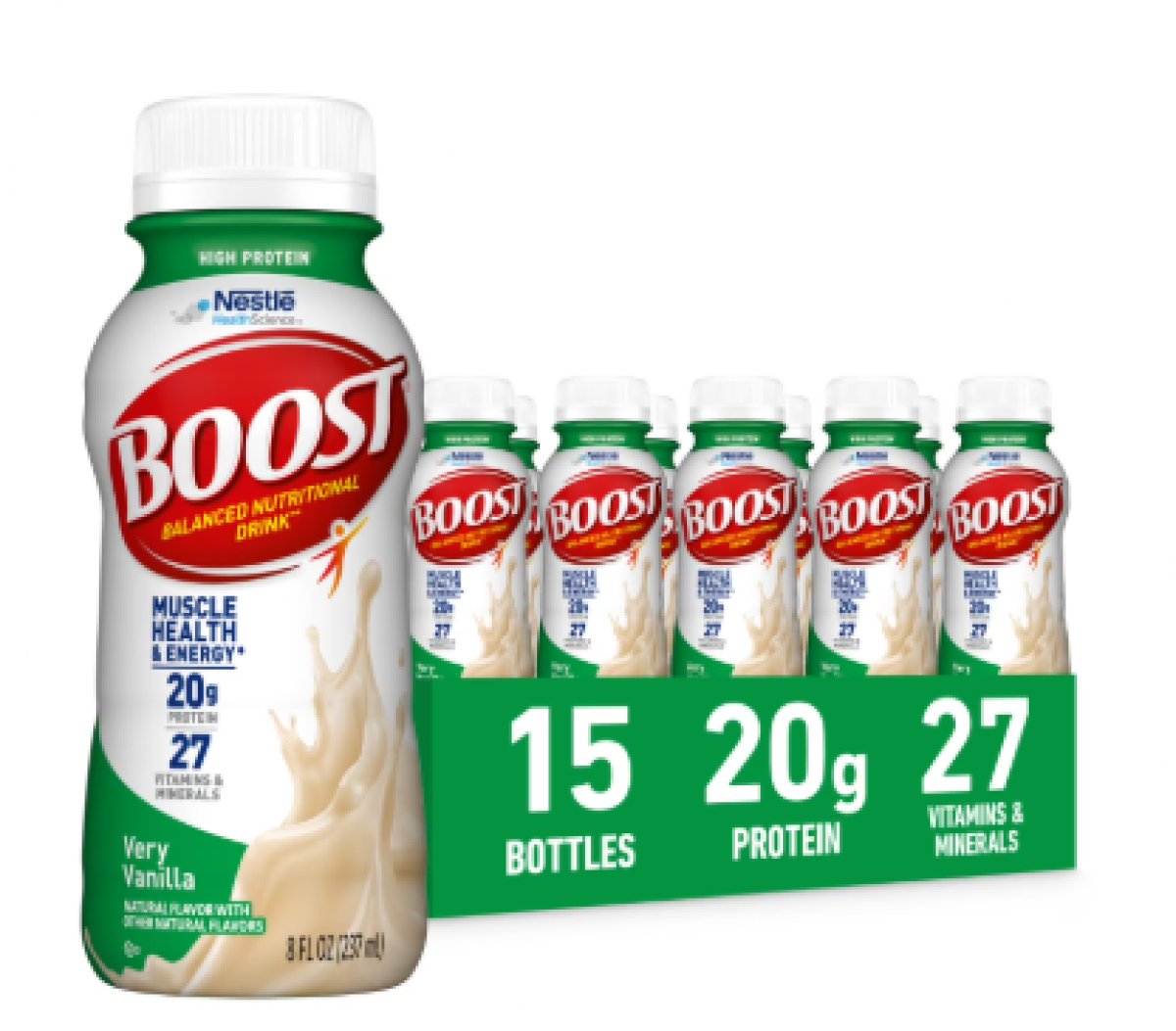 BOOST 20g High Protein Nutritional Shakes, Very Vanilla, 8 fl oz, 15 Pack