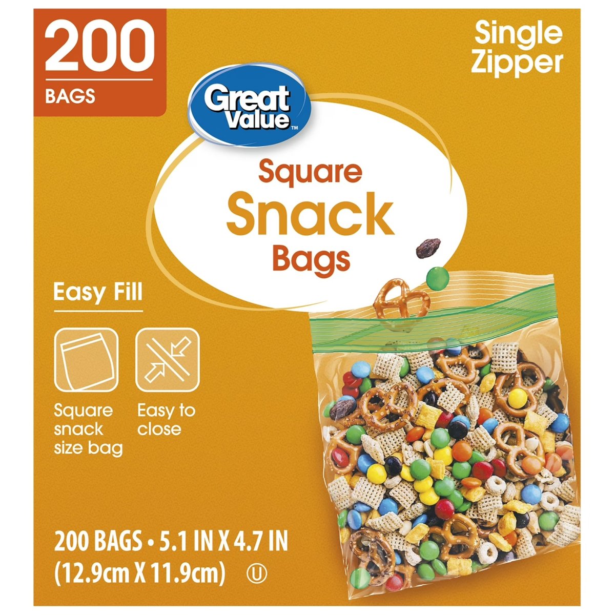 Great Value Fresh Seal Zipper Square Snack Bags, 200 Count
