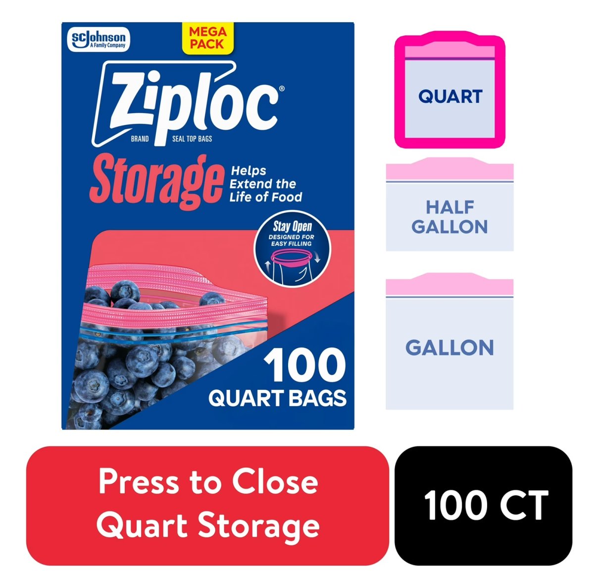 Ziploc School Tiles Storage Bags, with Grip 'n Seal Technology, Quart, 100 Count