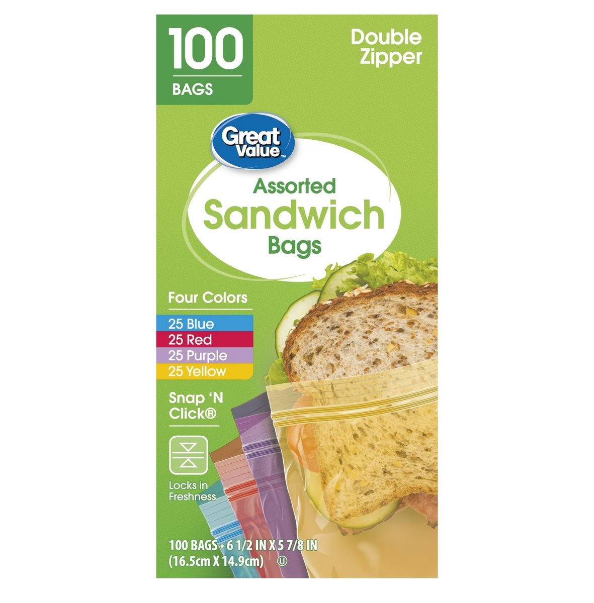 Great Value Double Zipper Sandwich Bags, Assorted Colors, 100 Count