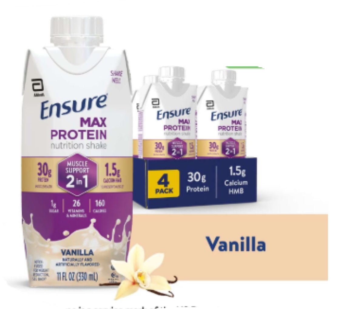 Ensure Max Protein Shake, 2-in-1 Muscle Support, 30g of Protein, Vanilla, 11 fl oz, 4-Pack