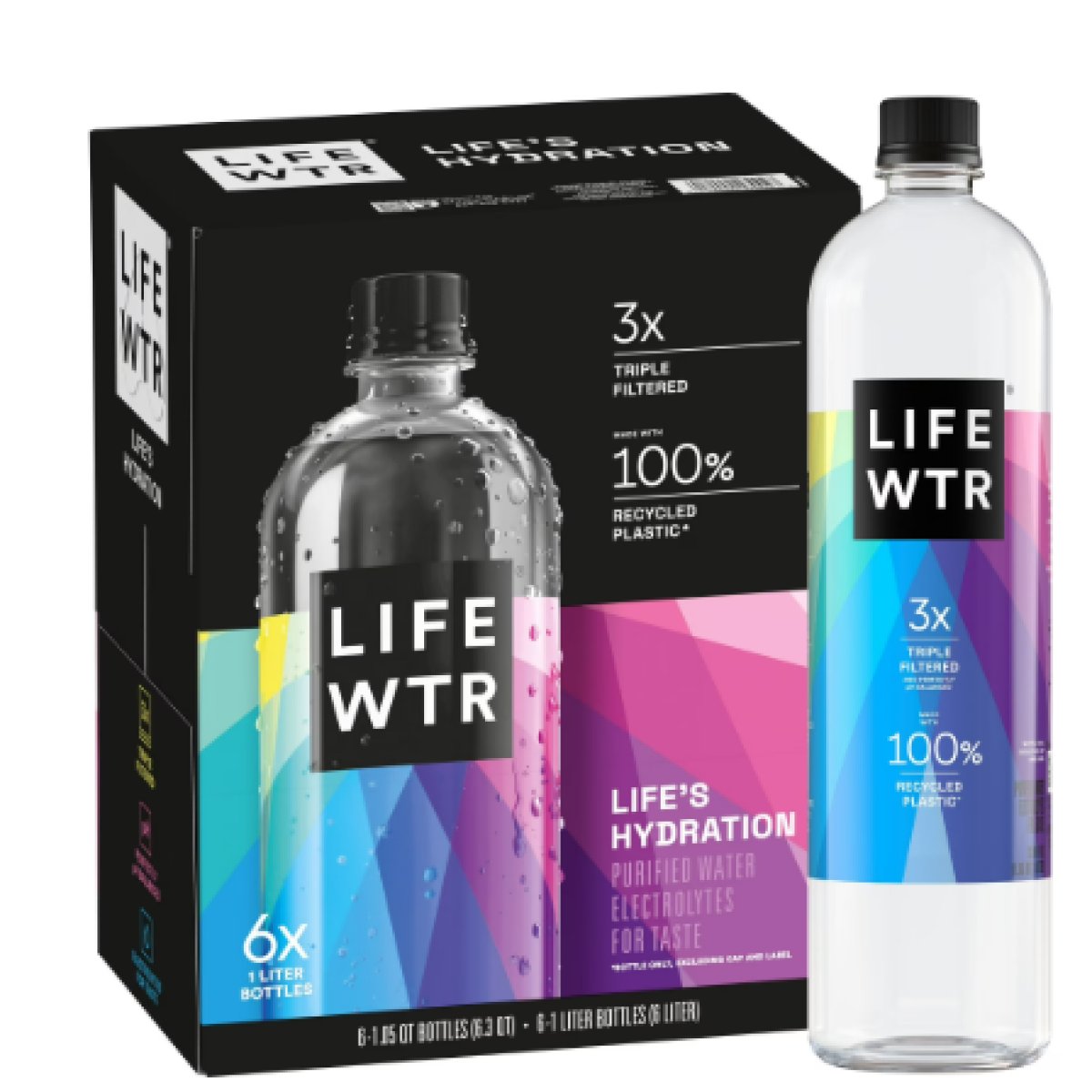LIFEWTR Purified Drinking Water 1 Liter, Pack of 6 Plastic Bottles
