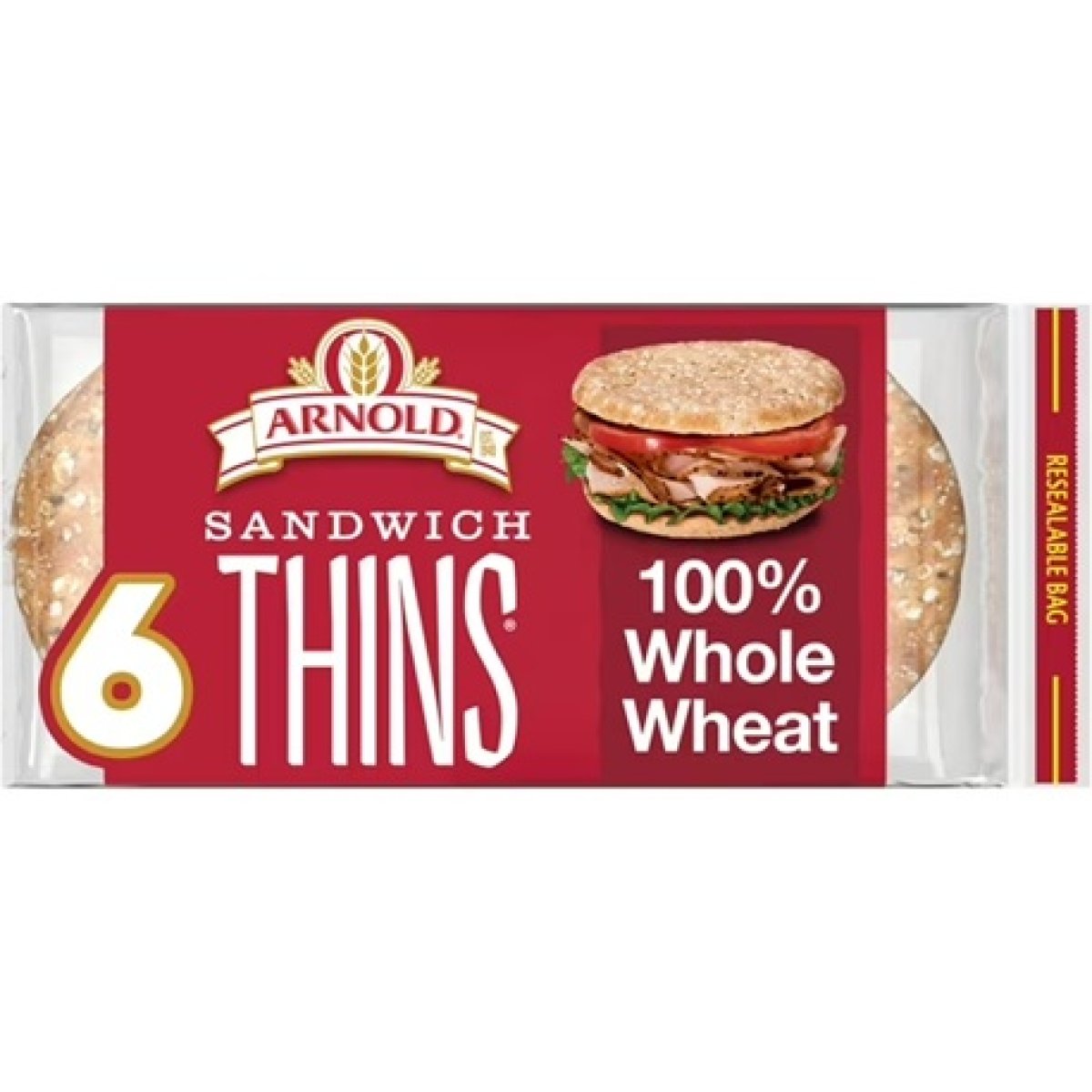 Arnold Sandwich Thins Whole Wheat Rolls, 6 count, Pre-sliced Sandwich Thins, 12 oz Bag
