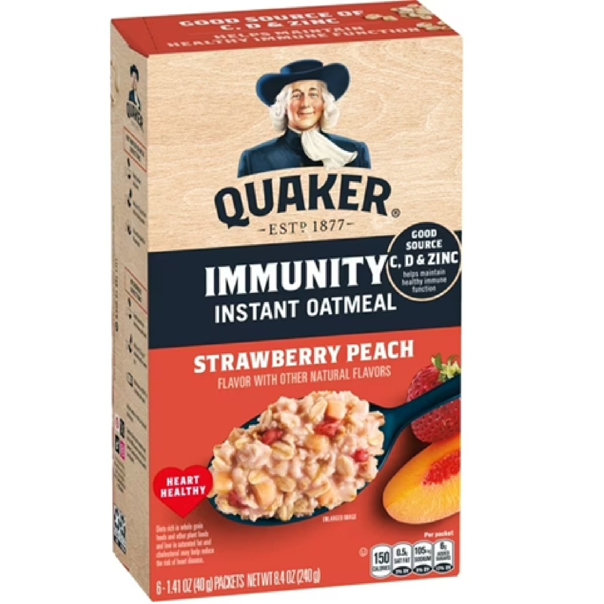 Quaker Immunity Instant Oatmeal Peach Strawberry, Good Source of Vitamins C, D and Zinc, Whole Grains, 1.41 oz Packs, (Pack of 6)