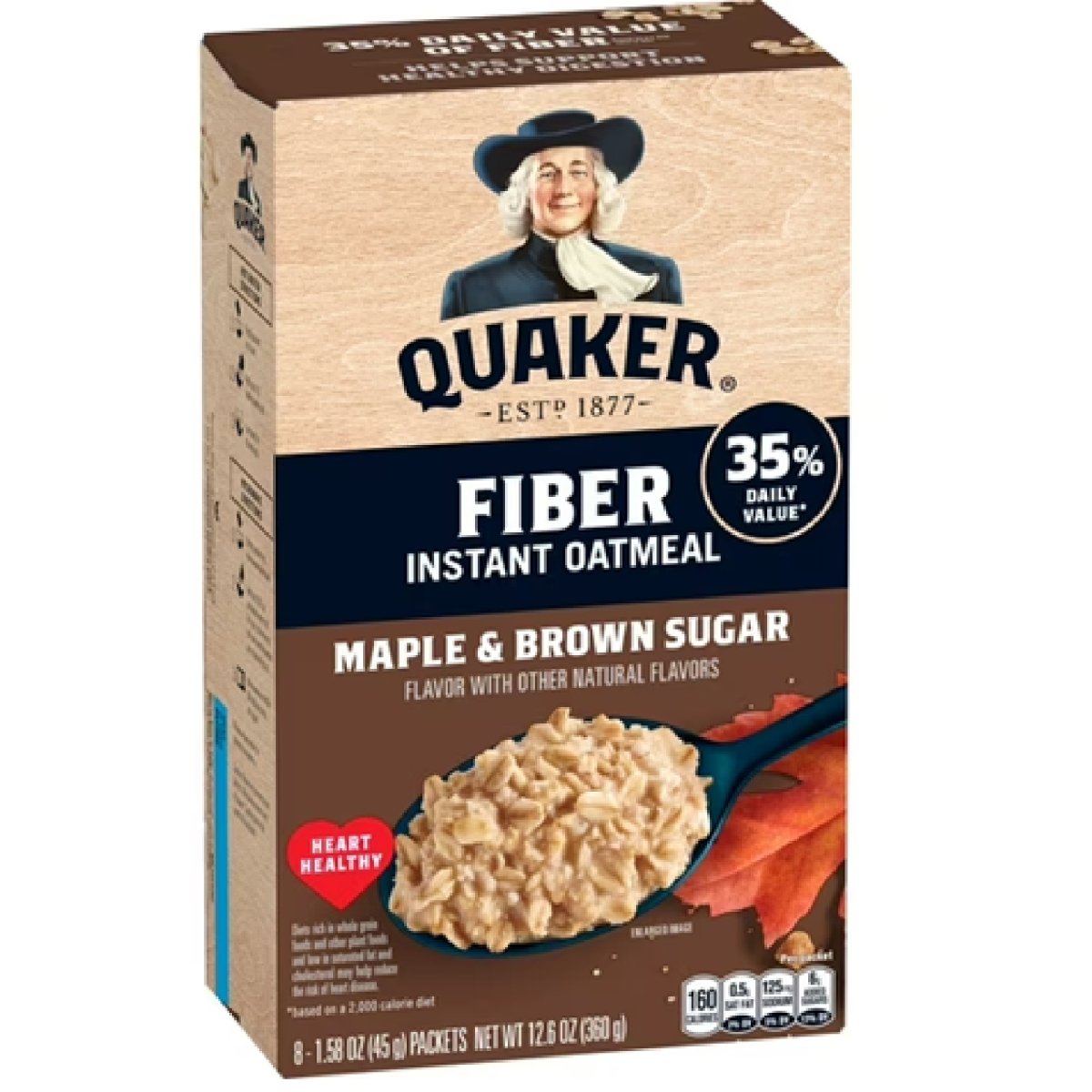 Quaker Fiber Instant Oatmeal, Maple Brown Sugar, 35% of the Daily Value of Fiber, Whole Grains, No Artificial Flavors, 1.58 oz Packages (8 Pack)