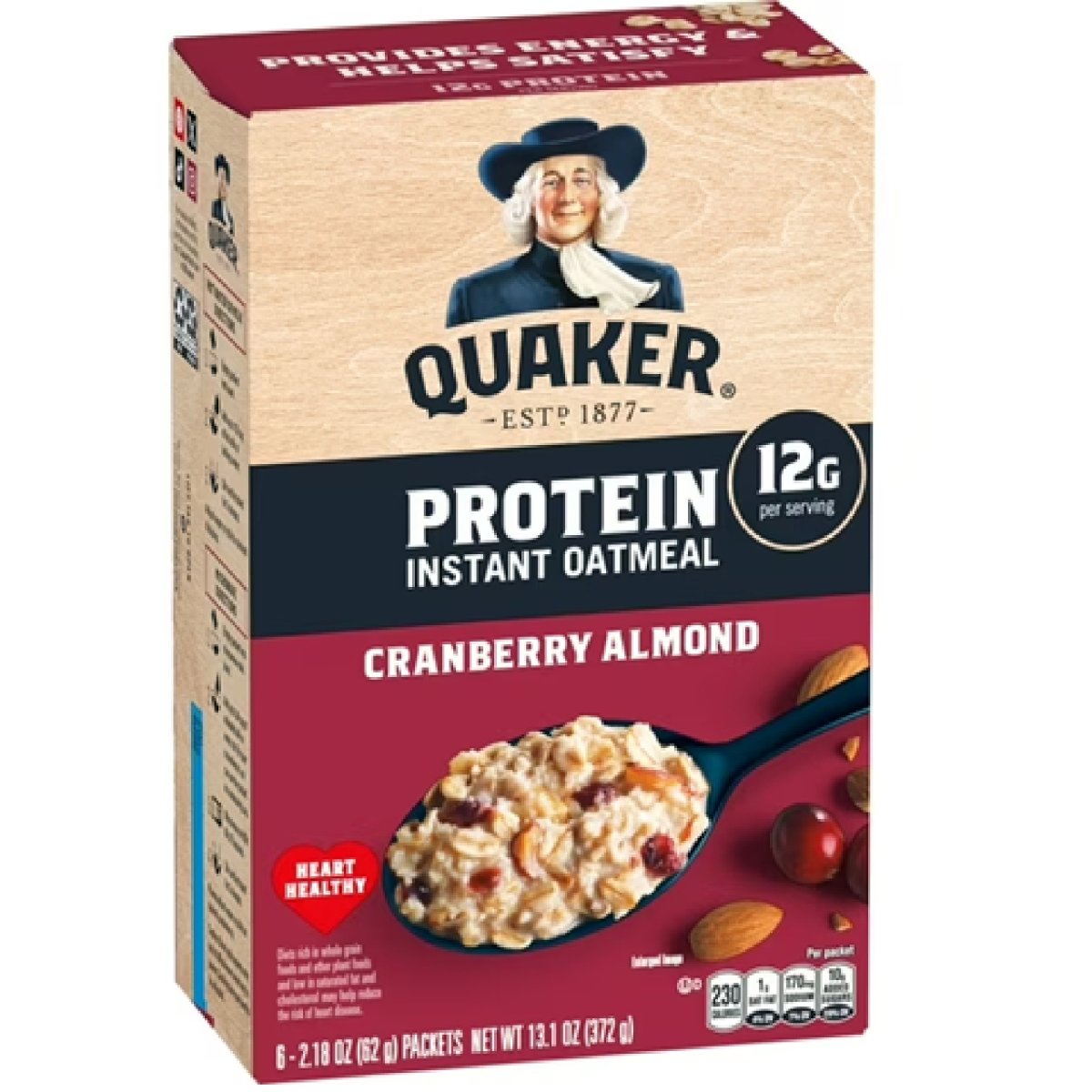 Quaker Protein Instant Oatmeal Almond and Cranberry, 12g of Protein per Serving, Whole Grains, No Artificial Flavors, 2.18 oz Packs (Pack of 6)