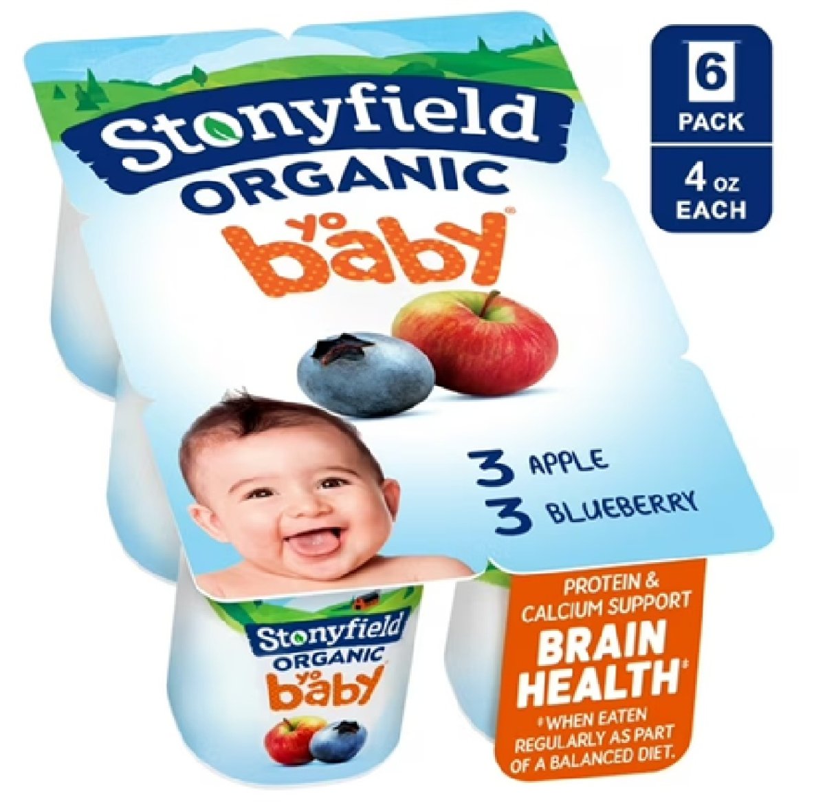 Stonyfield YoBaby Organic Apple and Blueberry Whole Milk Baby Yogurt Cups, 4 oz, 6 Pack