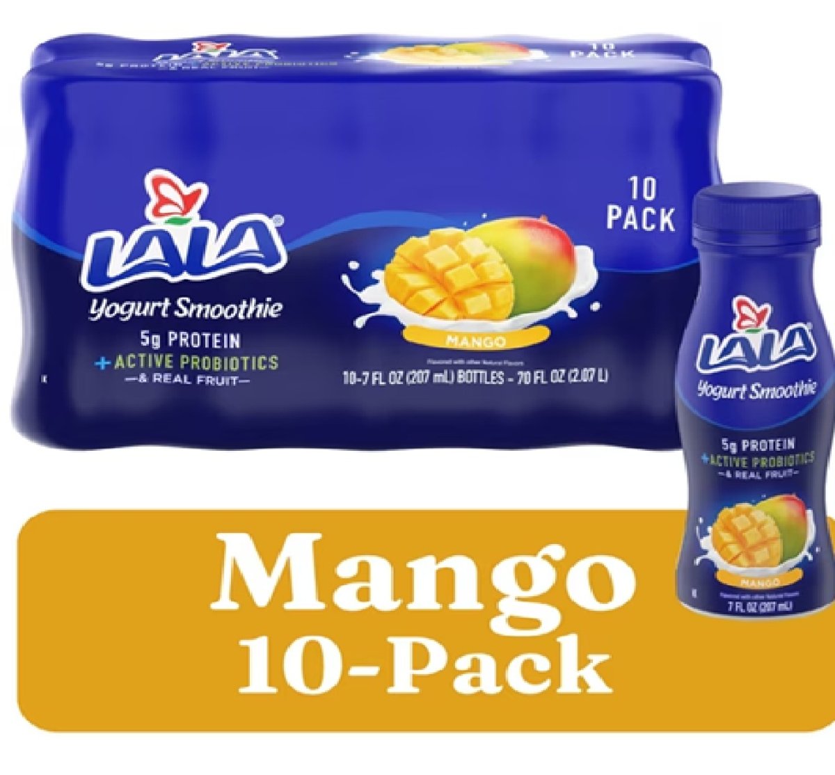 LALA Probiotic Protein Yogurt Shake Drink, Low Fat, Tropical Mango, 7 oz Plastic Bottle (10 Units)