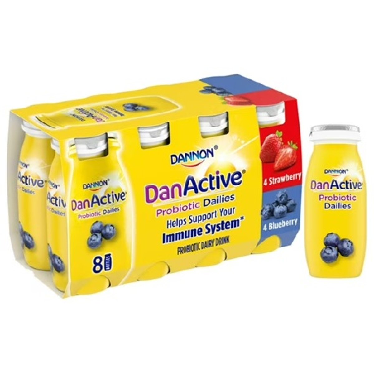 DanActive Probiotic Dailies Blueberry & Strawberry Dairy Drink, Variety Pack, 3.1 Oz., 8 Count