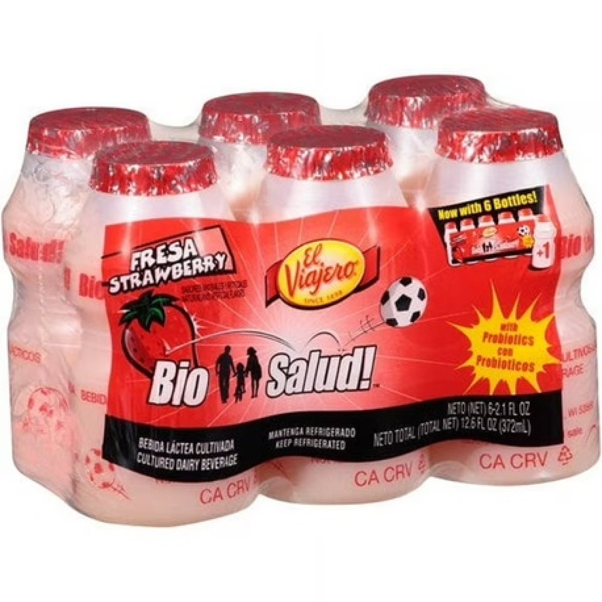 El Viajero Bio Salud Strawberry Cultured Dairy Beverage, 2.1 fl oz, 6 Count