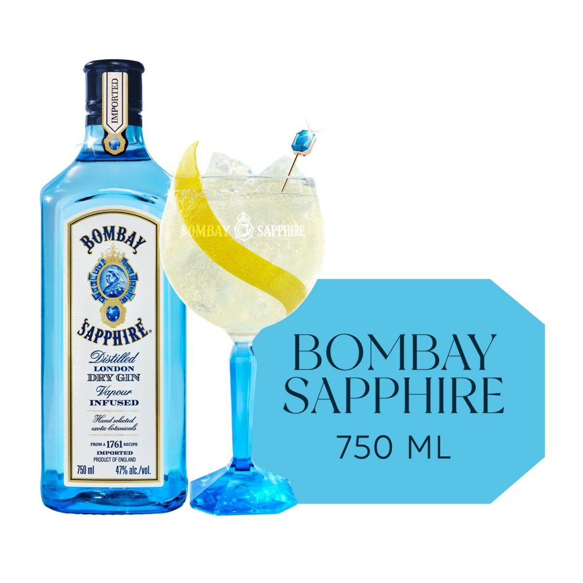 Bombay Zafiro Gin, 750 ml Blue Bottle, ABV 47%