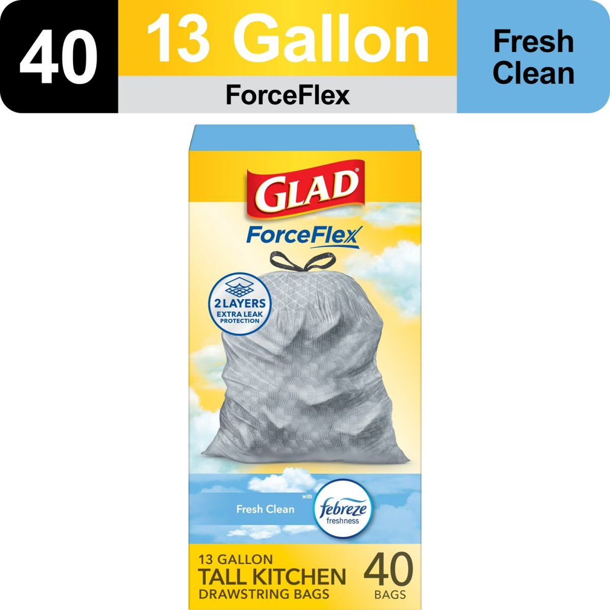 Glad OdorShield Tall Kitchen Drawstring Trash Bags - Febreze Fresh Clean - 13 Gallon - 40 ct