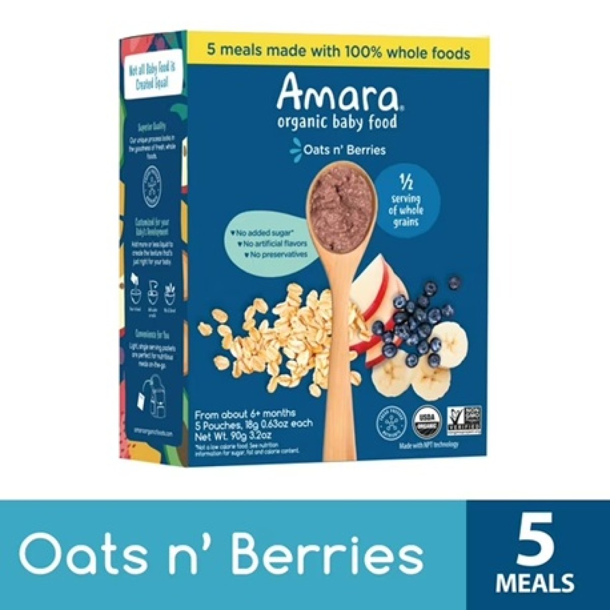 Amara Organic Baby Food Oatmeal and Berries, No Added Sugar, Stage 2, 5 Individual Servings