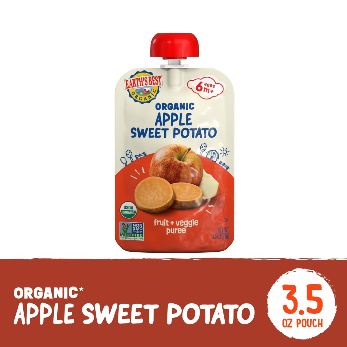 Earth's Best Organic Stage 2 Baby Food, Apple Sweet Potato Puree, 3.5 oz Pouch