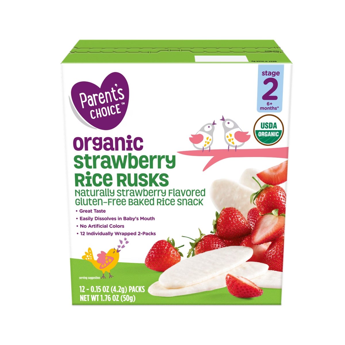 Parent's Choice Organic Strawberry Rice Rusks Baby Snacks, 0.15 oz Box (12 Pack)