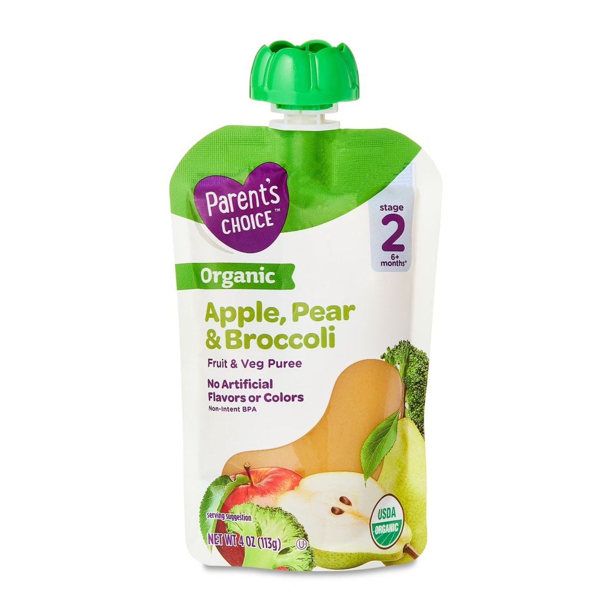 Parent's Choice Organic Stage 2 Baby Food, Apple, Pear, and Broccoli Puree, 4 oz Pouch