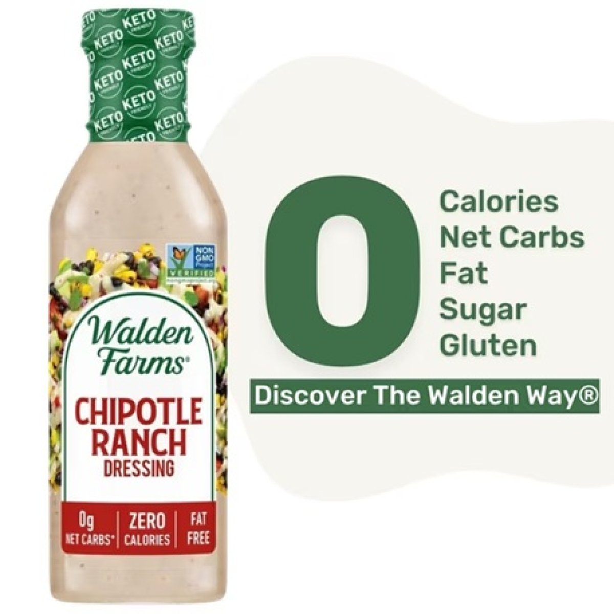 Walden Farms Chipotle Ranch Dressing 12 oz. Bottle, Fresh and Delicious Salad Dressing, Sugar-Free Net Carb Condiment, Smooth and Creamy