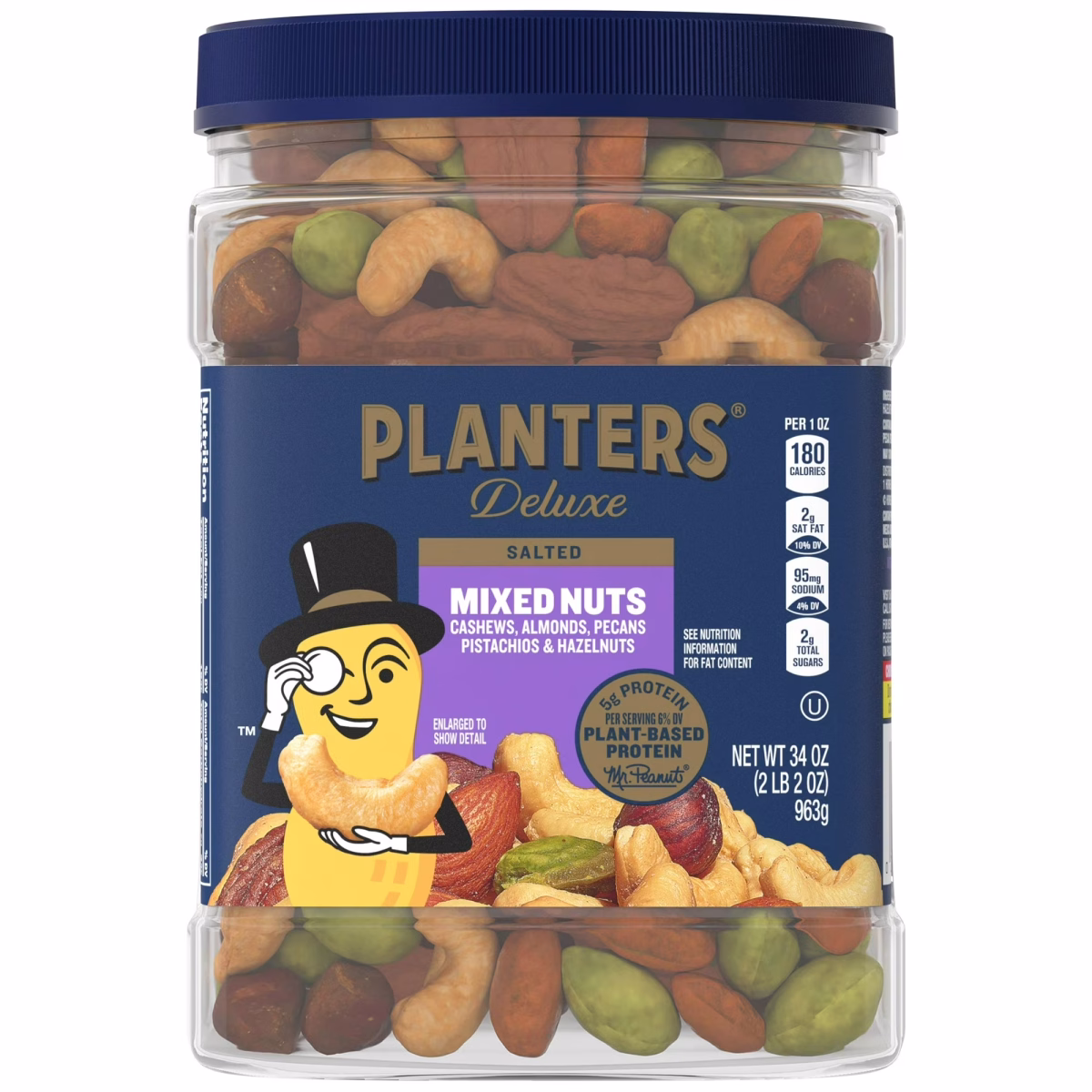 PLANTERS Deluxe Salted Mixed Nuts, Party Snacks, Plant Based Protein, 34 oz Plastic Jar