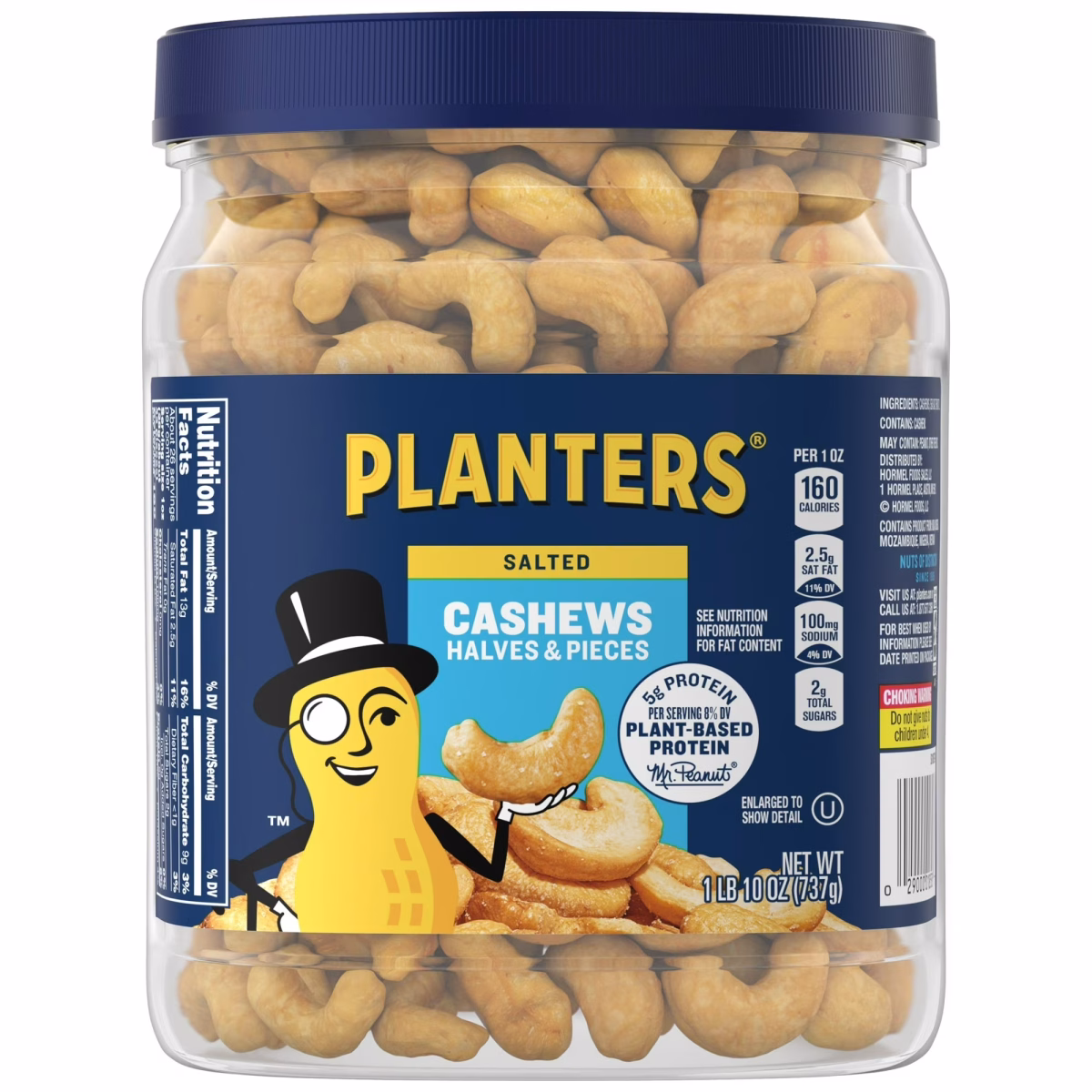 PLANTERS Salted Cashew Halves and Pieces, Party Snacks, Plant-Based Protein, 26 oz Canister
