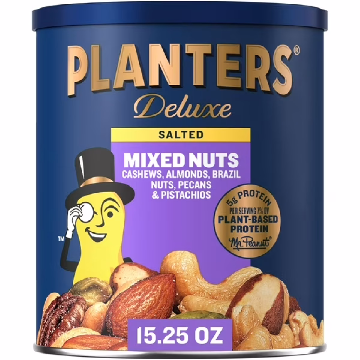 Planters Deluxe Mixed Nuts with Hazelnuts, Plant Based Protein, 15.25 oz Canister