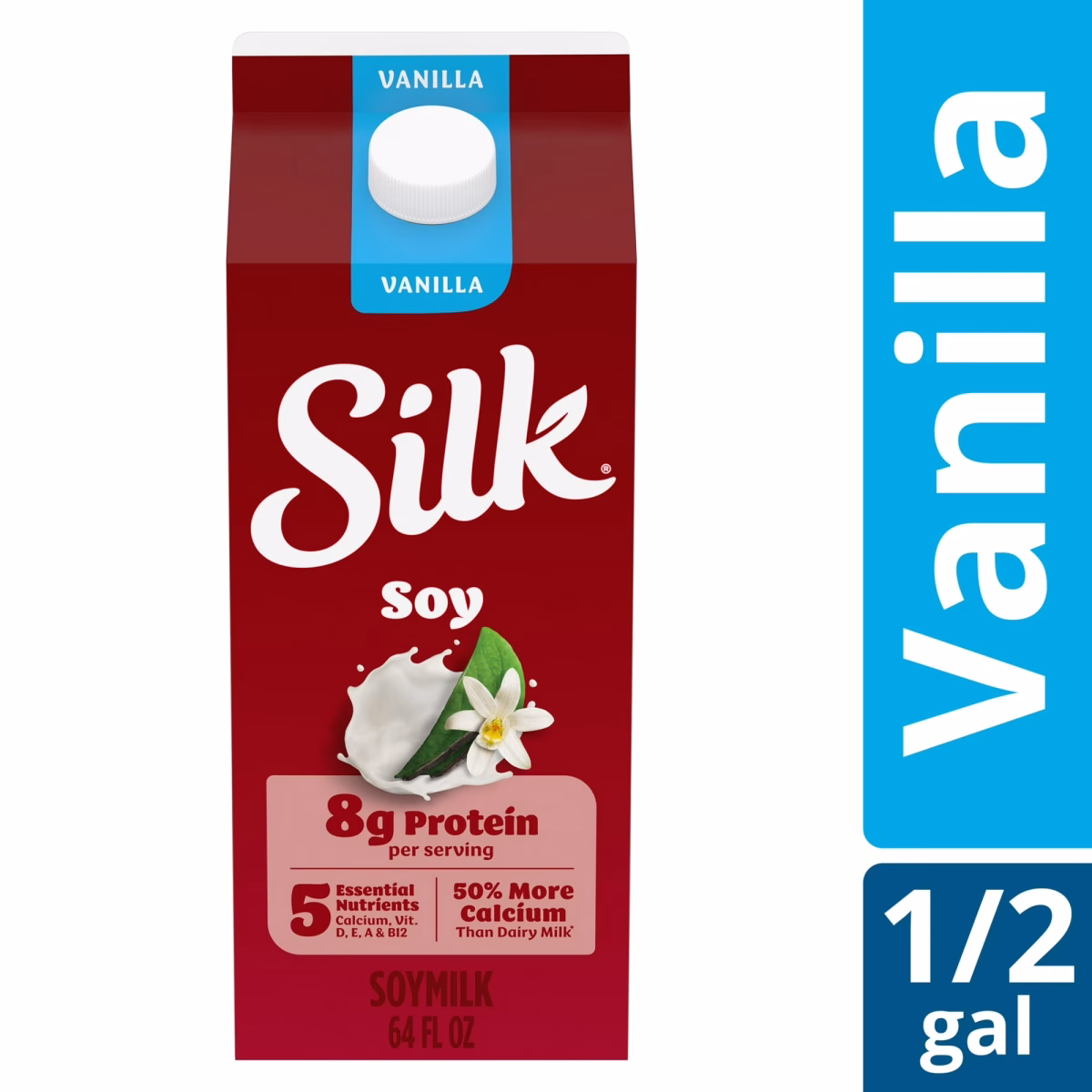 Silk Dairy Free, Gluten Free Vanilla Soy Milk, Plant Based Milk Half Gallon, 64 fl oz