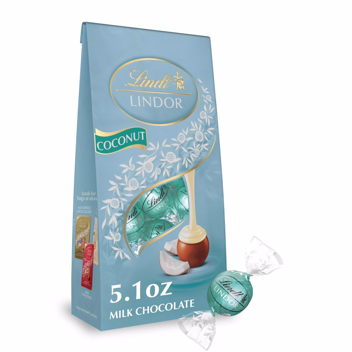 Lindt Lindor Coconut Milk Chocolate Candy Truffles, 5.1 oz. Bag