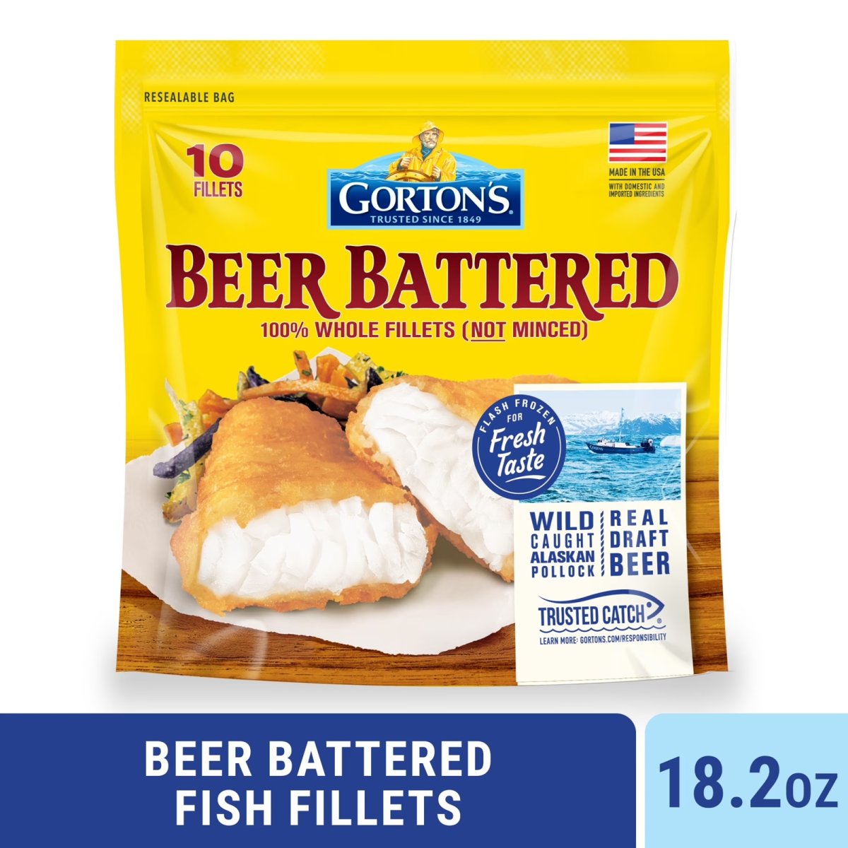 Gorton's Beer-Battered Fish Fillets 100% Whole Fish Fillets (Not Minced), Wild-Caught Pollock, Frozen, 10 Count, 18.2 oz Resealable Bag