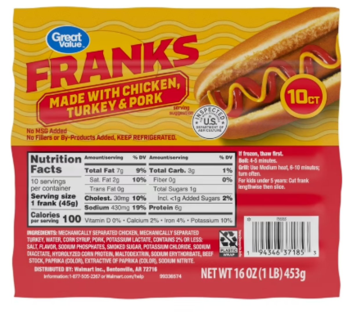 Great Value Hot Dogs, 16 oz, 10 Units (Refrigerated)