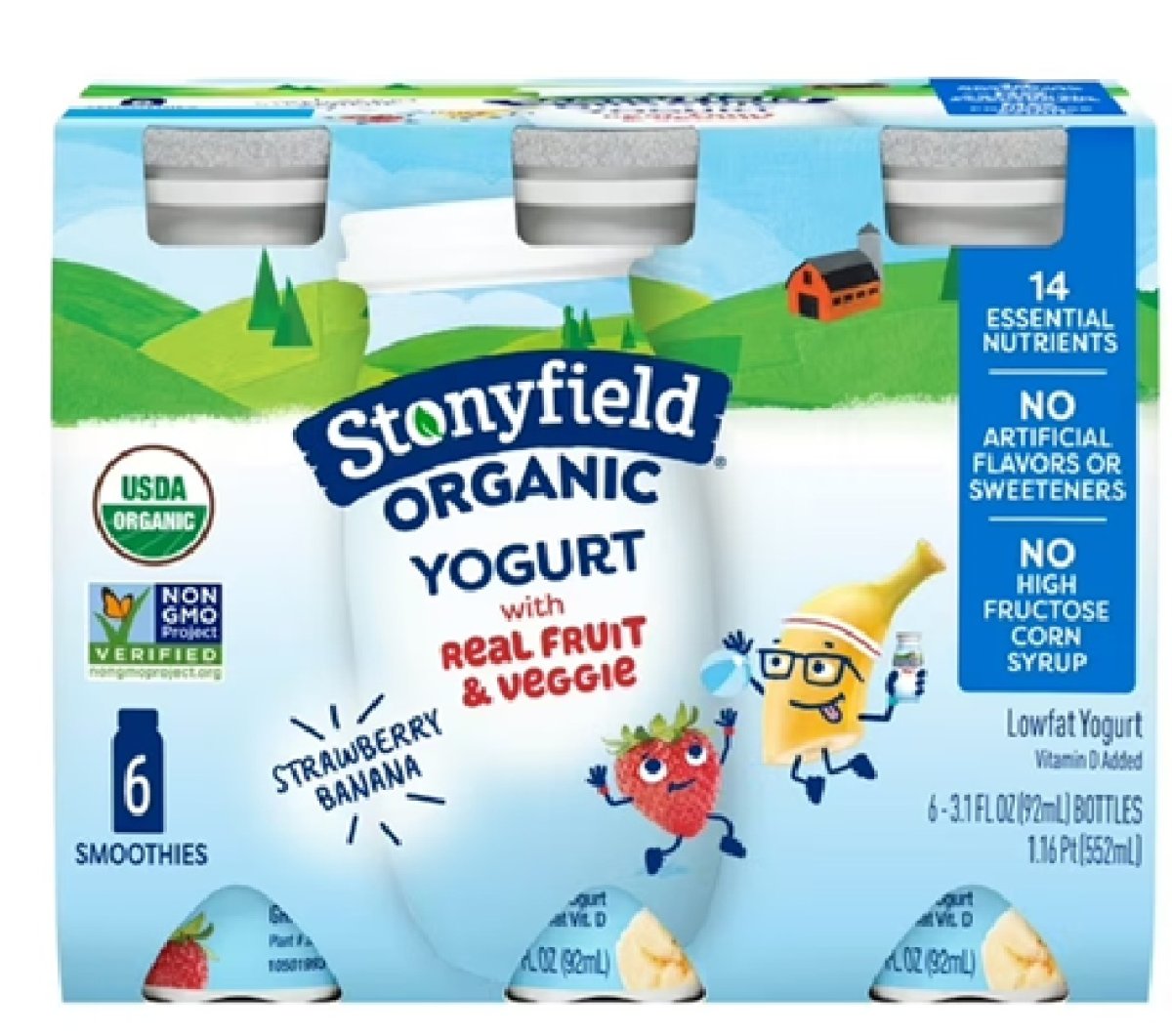 Stonyfield Organic Low-Fat Yogurt Smoothies Strawberry and Banana, 3.1 fl. oz., 6 Units