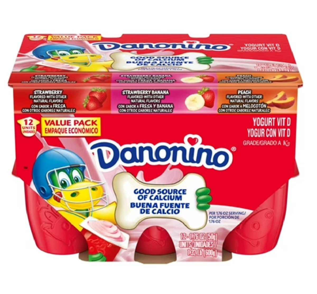 Danonino Strawberry, Banana and Peach Yogurt Variety Pack, 1.76 Oz, 12 Units
