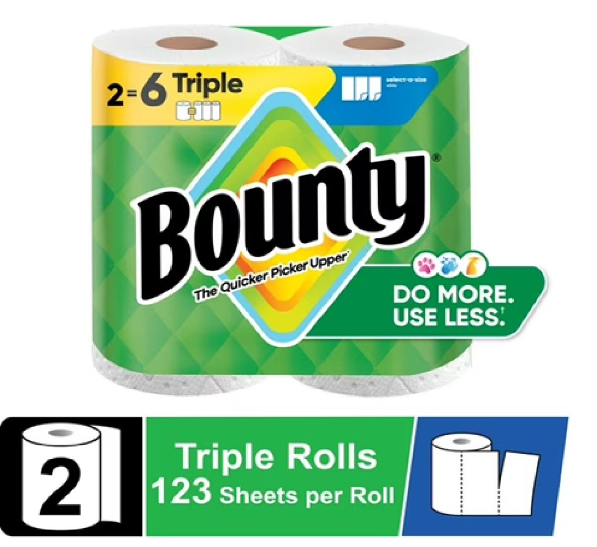 Bounty Paper Towels Select-A-Size White, 2 Triple Rolls, 123 Sheets per Roll