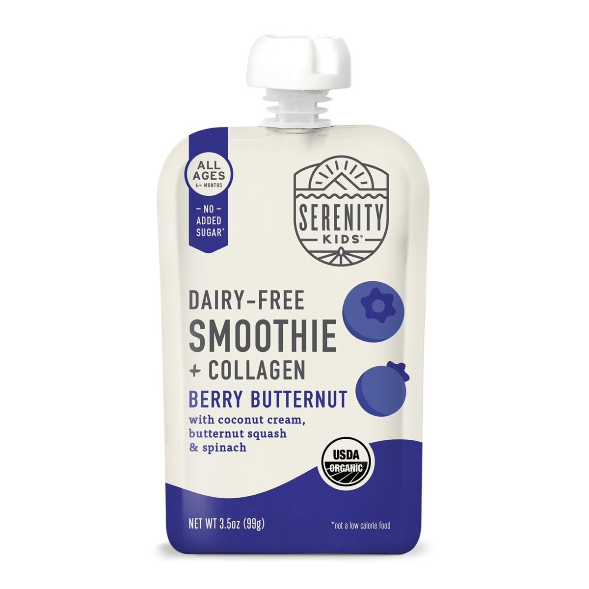 Serenity Kids Dairy Free Organic Berry & Butternut Smoothie + Protein Stage 2 Baby Food Grass Fed Collagen, 3.5oz Pouch