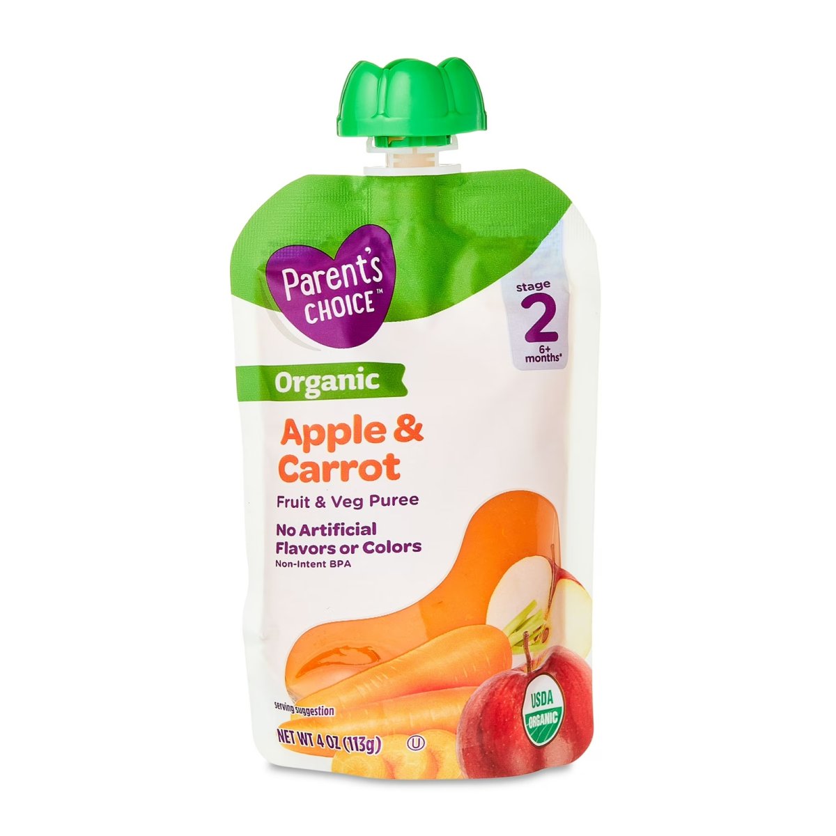 Parent's Choice Organic Stage 2 Baby Food, Apple and Carrot Puree, 4 oz Pouch