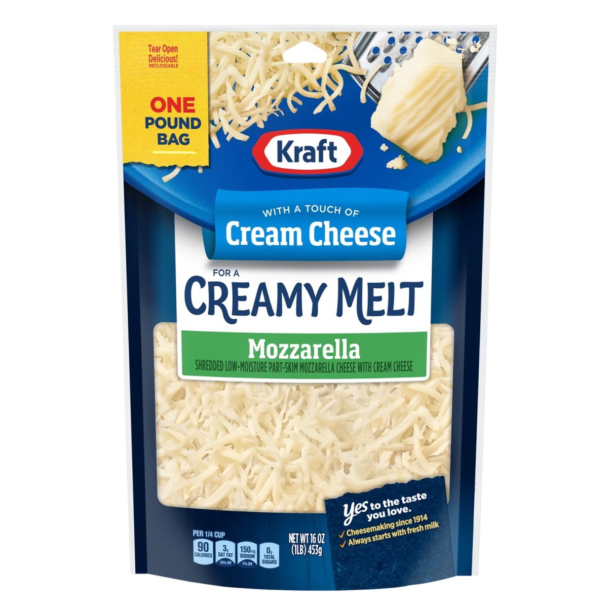 Kraft Shredded Mozzarella Cheese with a Touch of Cream Cheese for a Creamy Melt, 16 oz Bag